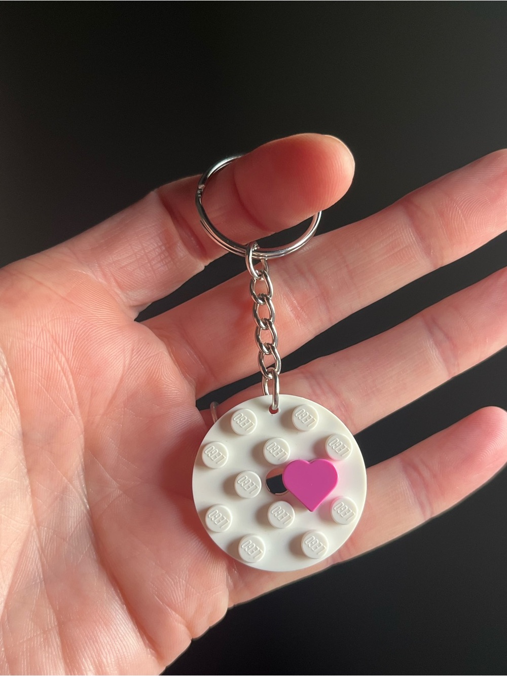 Lego White Round Keychain with Pink Heart - Handmade